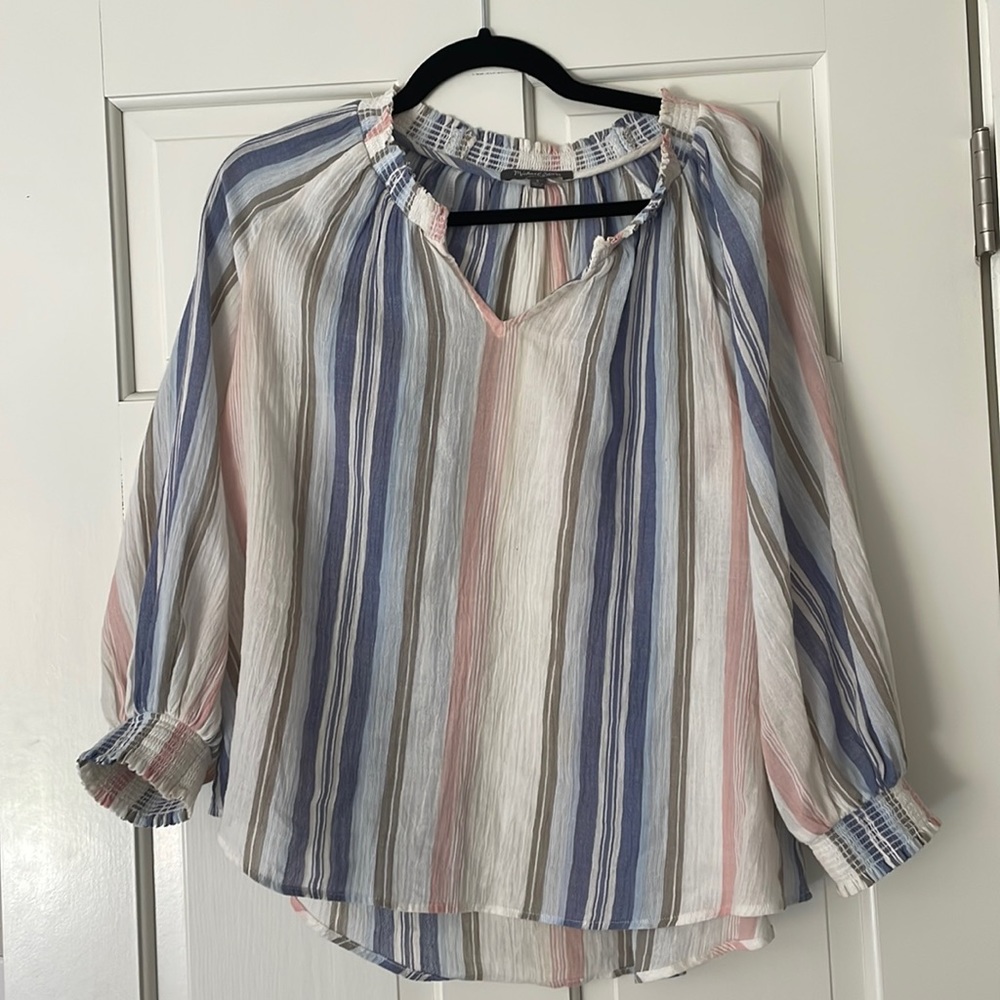 Michael Stars Pink Blues White + Gray Striped Linen Blouse